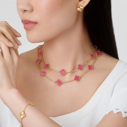 [Amore] NEW CLOVER 20 MOTIFS PINK ENAMEL NECKLACE