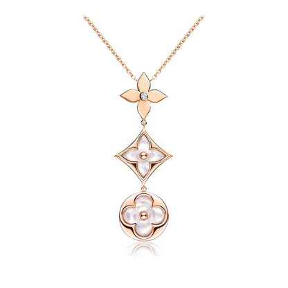 [Amore]COLOR BLOSSOM LARIAT NECKLACE PINK GOLD WHITE MOTHER PEARL AND DIAMOND