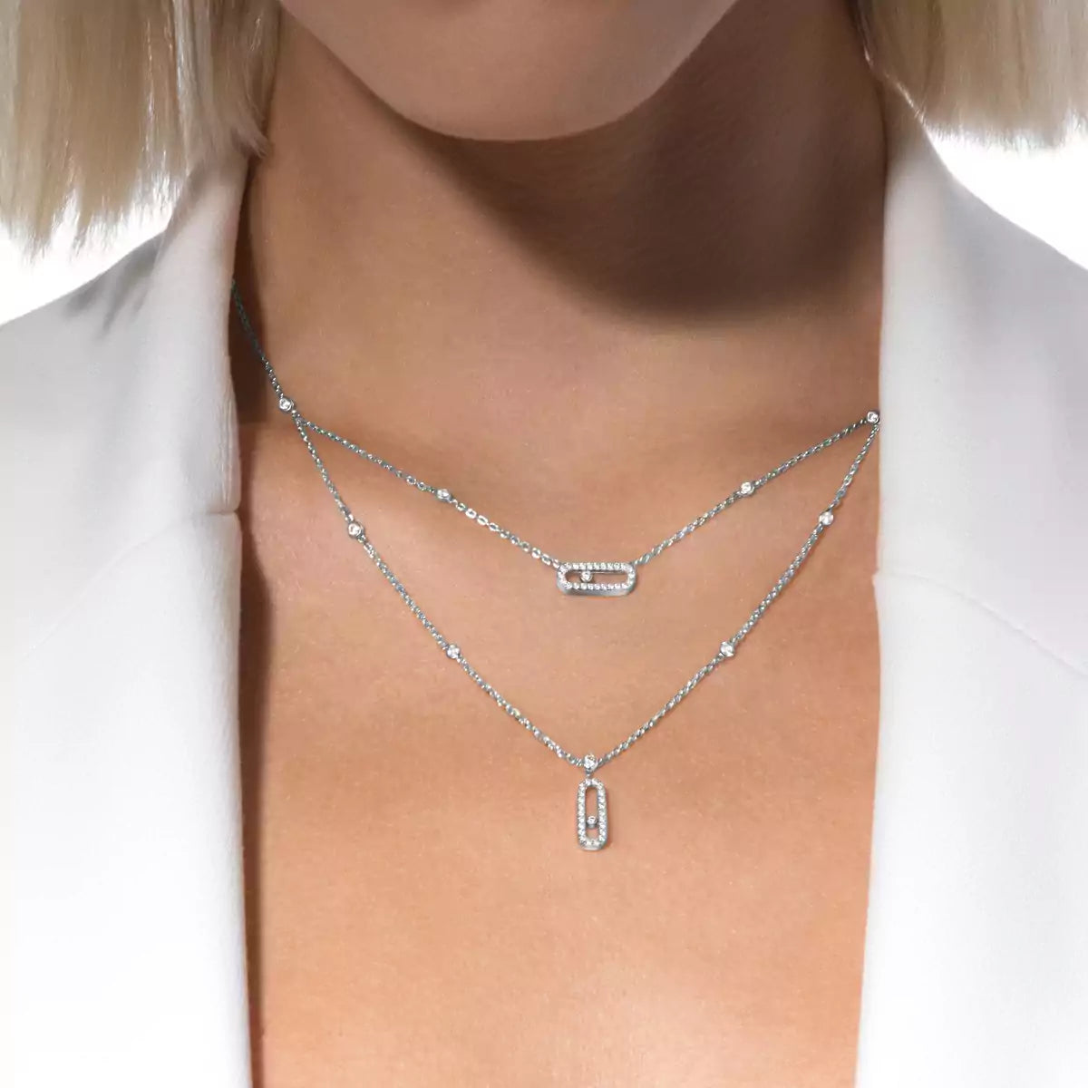 [Amore]2 Rows Rose Gold Diamond Pave_ Necklace Move Uno