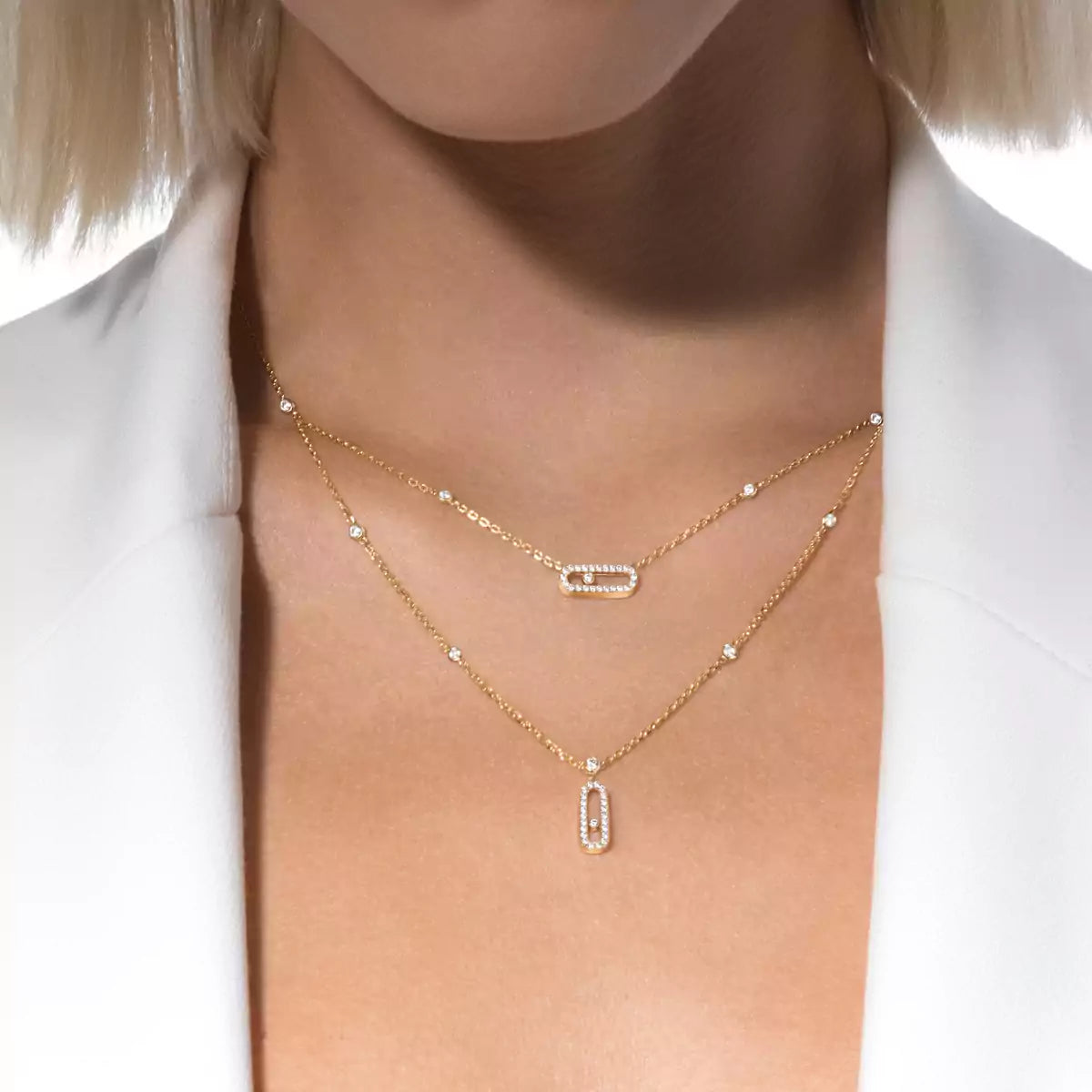 [Amore]2 Rows Rose Gold Diamond Pave_ Necklace Move Uno