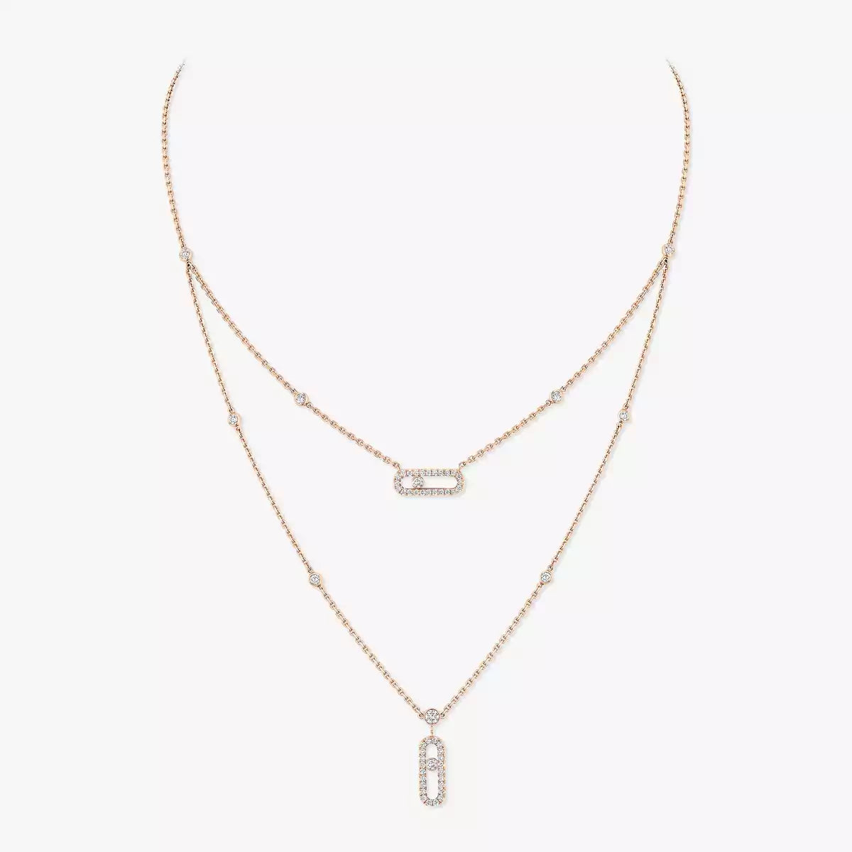 [Amore]2 Rows Rose Gold Diamond Pave_ Necklace Move Uno