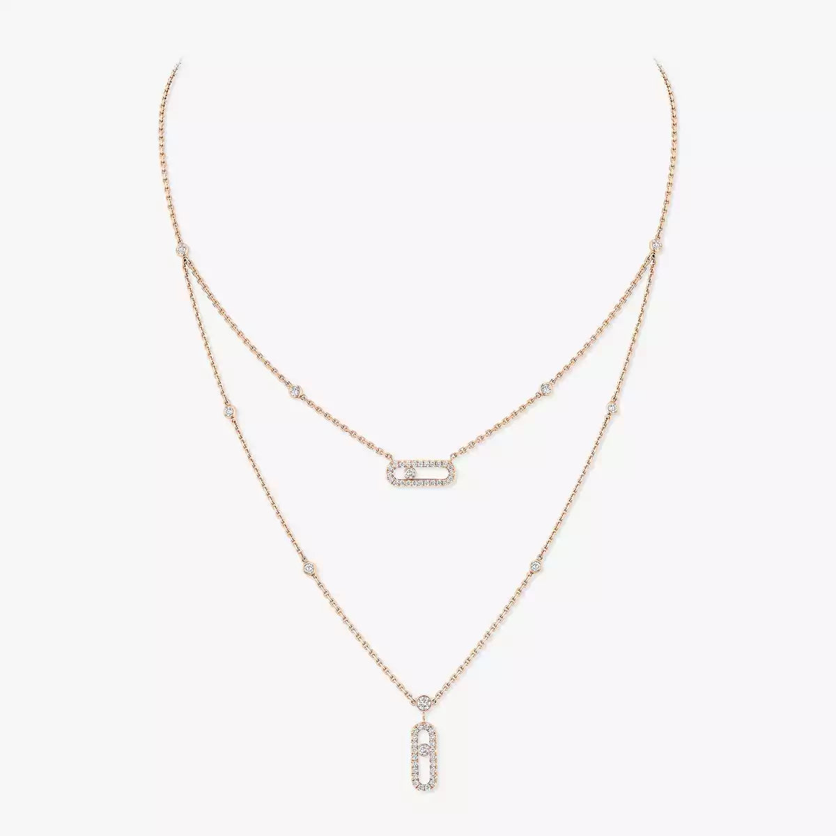 [Amore]2 Rows Rose Gold Diamond Pave_ Necklace Move Uno