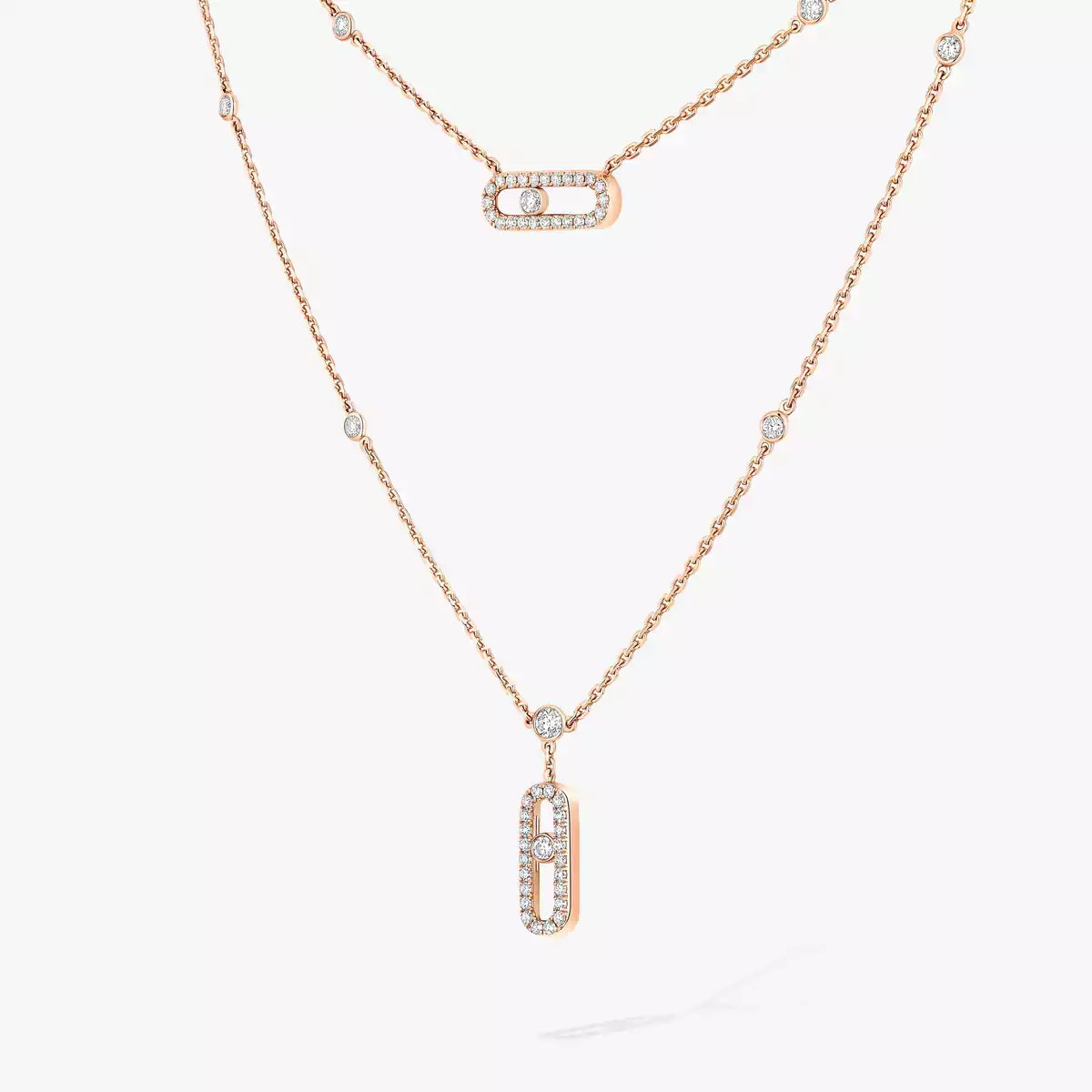 [Amore]2 Rows Rose Gold Diamond Pave_ Necklace Move Uno