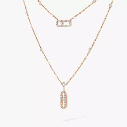 [Amore]2 Rows Rose Gold Diamond Pave_ Necklace Move Uno
