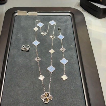 [Amore]DETACHABLE CLOVER 15(11+4) FLOWER SILVER NECKLACE SET