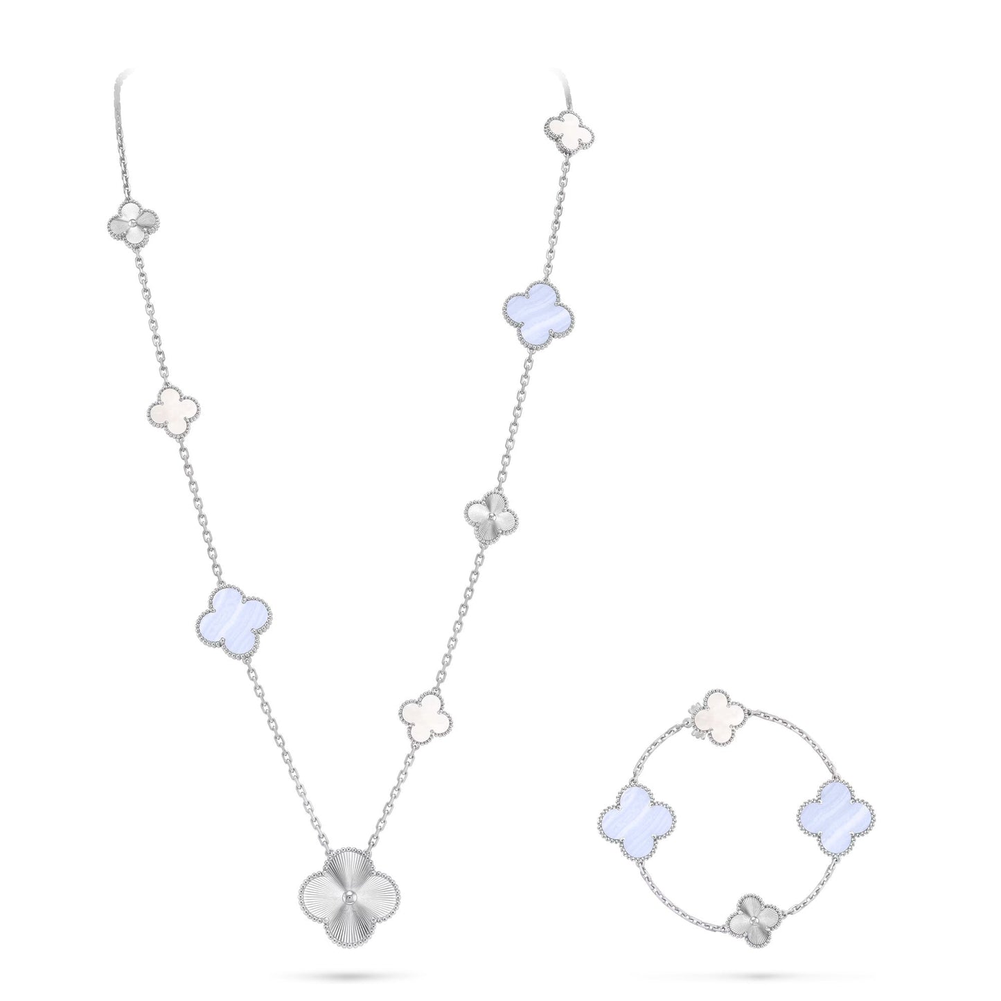 [Amore]DETACHABLE CLOVER 15(11+4) FLOWER SILVER NECKLACE SET