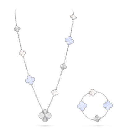 [Amore]DETACHABLE CLOVER 15(11+4) FLOWER SILVER NECKLACE SET