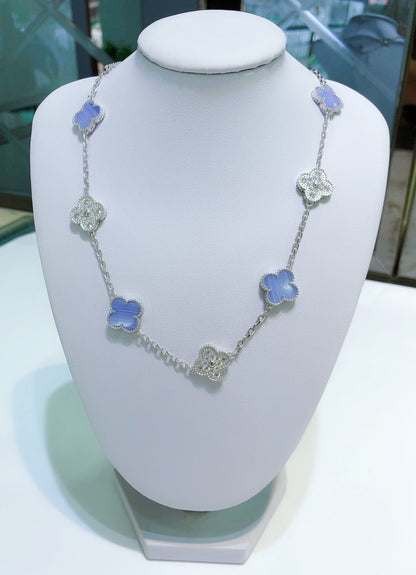 [Amore]CLOVER 10 MOTIFS CHALCEDONY DIAMONDS SILVER NECKLACE