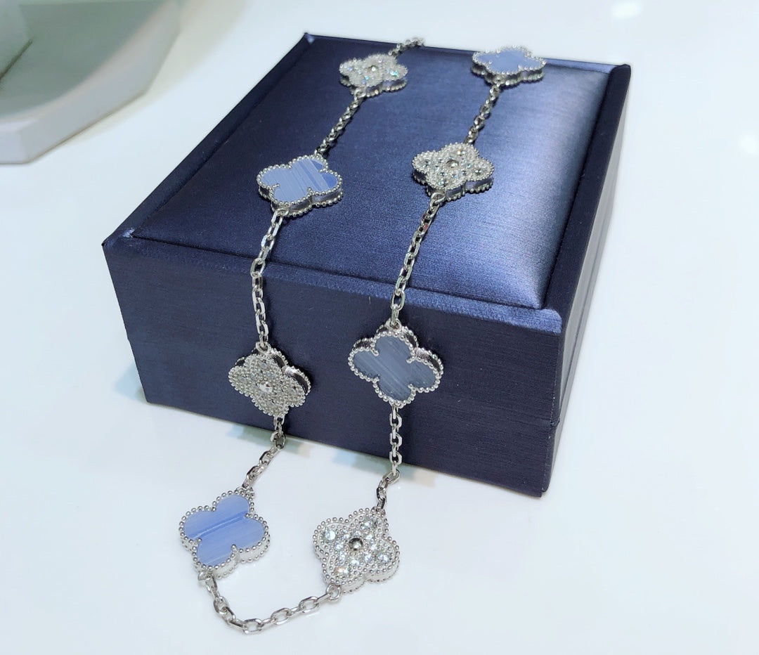 [Amore]CLOVER 10 MOTIFS CHALCEDONY DIAMONDS SILVER NECKLACE
