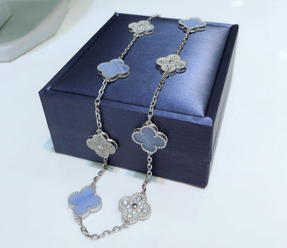 [Amore]CLOVER 10 MOTIFS CHALCEDONY DIAMONDS SILVER NECKLACE