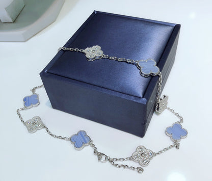 [Amore]CLOVER 10 MOTIFS CHALCEDONY DIAMONDS SILVER NECKLACE