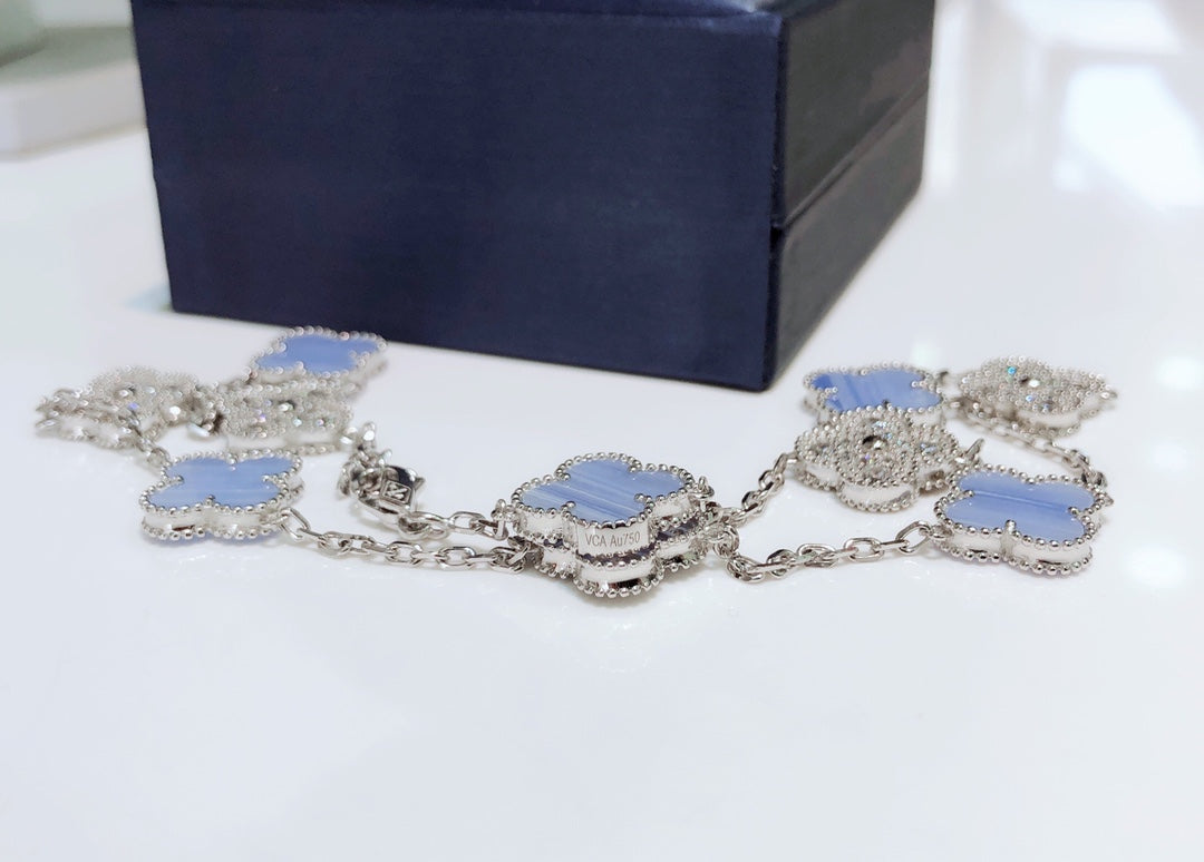 [Amore]CLOVER 10 MOTIFS CHALCEDONY DIAMONDS SILVER NECKLACE