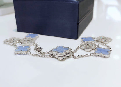 [Amore]CLOVER 10 MOTIFS CHALCEDONY DIAMONDS SILVER NECKLACE