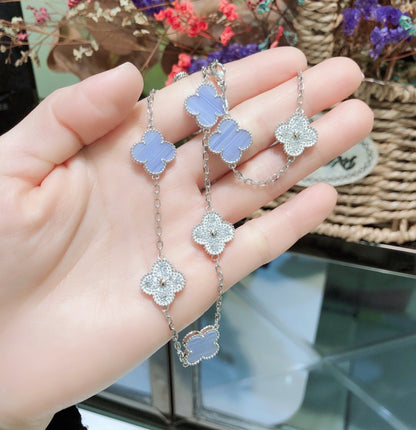 [Amore]CLOVER 10 MOTIFS CHALCEDONY DIAMONDS SILVER NECKLACE