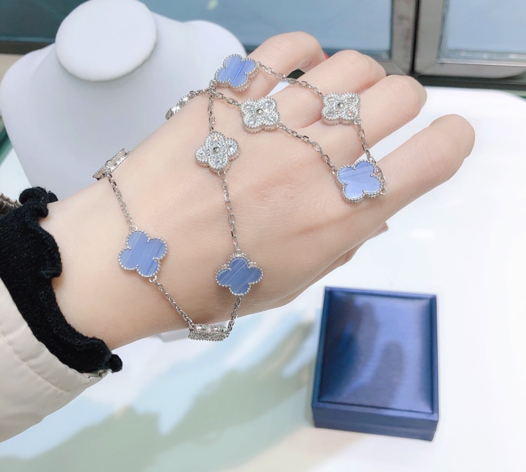 [Amore]CLOVER 10 MOTIFS CHALCEDONY DIAMONDS SILVER NECKLACE