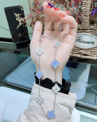 [Amore]CLOVER 10 MOTIFS CHALCEDONY DIAMONDS SILVER NECKLACE
